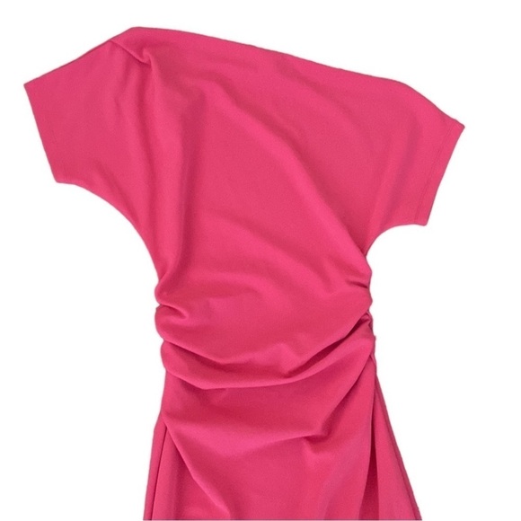 Gibson Latimer Pink Asymmetrical Neck Short Sleeve Twist Front Midi Dress size S - Picture 4 of 7